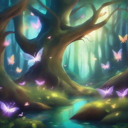 A magical forest filled with glowing fairies, sparkling streams, and enchanted trees