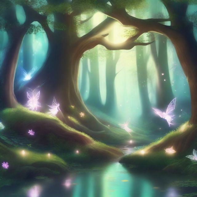 A magical forest filled with glowing fairies, sparkling streams, and enchanted trees