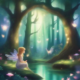 A magical forest filled with glowing fairies, sparkling streams, and enchanted trees