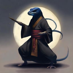 Create an image of a dark, magical skink monk