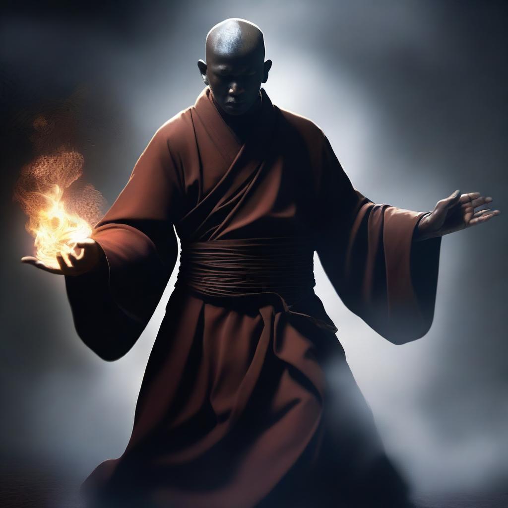 Create an image of a monk with black skin, performing a magical punch