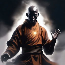 Create an image of a monk with black skin, performing a magical punch