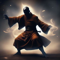 Create an image of a monk with black skin, performing a magical punch