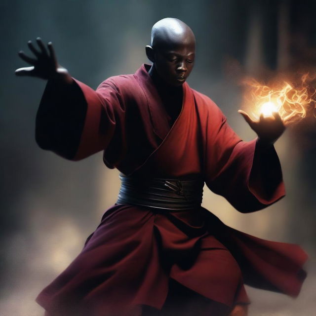 Create an image of a young monk with black skin, performing a magical punch