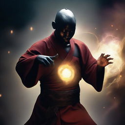 Create an image of a young monk with black skin, performing a magical punch