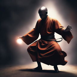 Create an image of a young monk with black skin, performing a magical punch