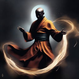 Create an image of a young monk with black skin, performing a magical punch