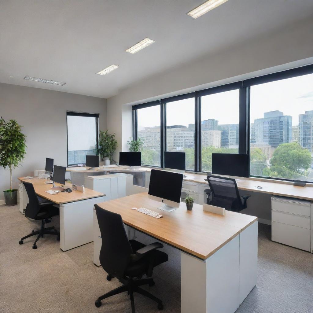 A professional and modern office environment filled with sleek, ergonomic furniture, computers with multiple monitors, walls adorned with motivational quotes, and large windows allowing an abundance of natural light to fill the room.