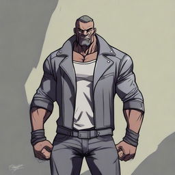 A male goliath with grey skin, wearing a leather jacket