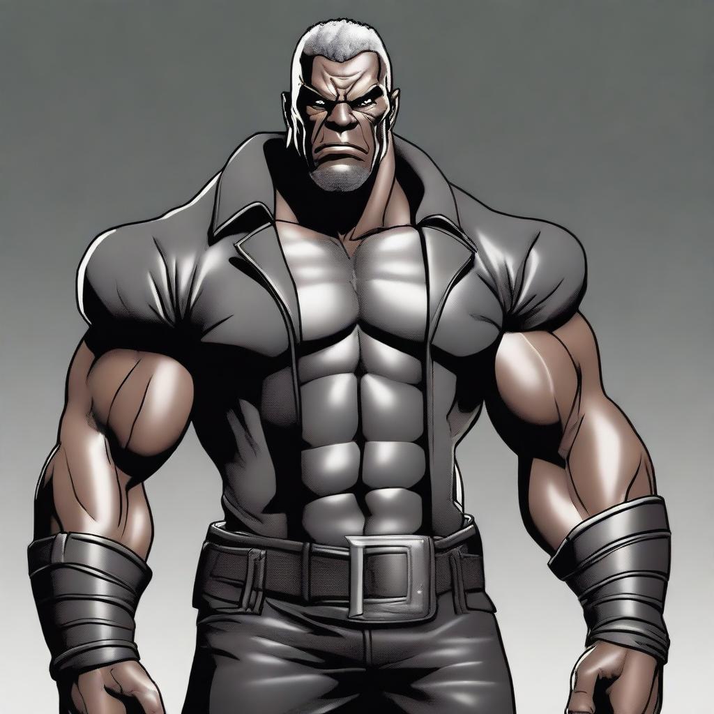 A male goliath with grey skin, wearing a leather jacket