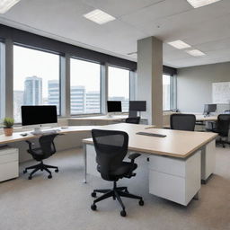 A professional and modern office environment filled with sleek, ergonomic furniture, computers with multiple monitors, walls adorned with motivational quotes, and large windows allowing an abundance of natural light to fill the room.