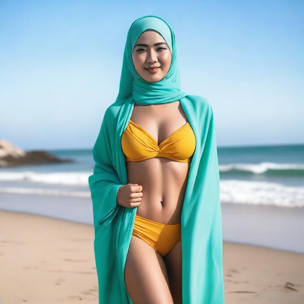 An Asian woman wearing a stylish hijab and a bikini, striking a confident and alluring pose on the beach