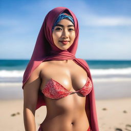 An Asian woman wearing a stylish hijab and a bikini, striking a confident and alluring pose on the beach