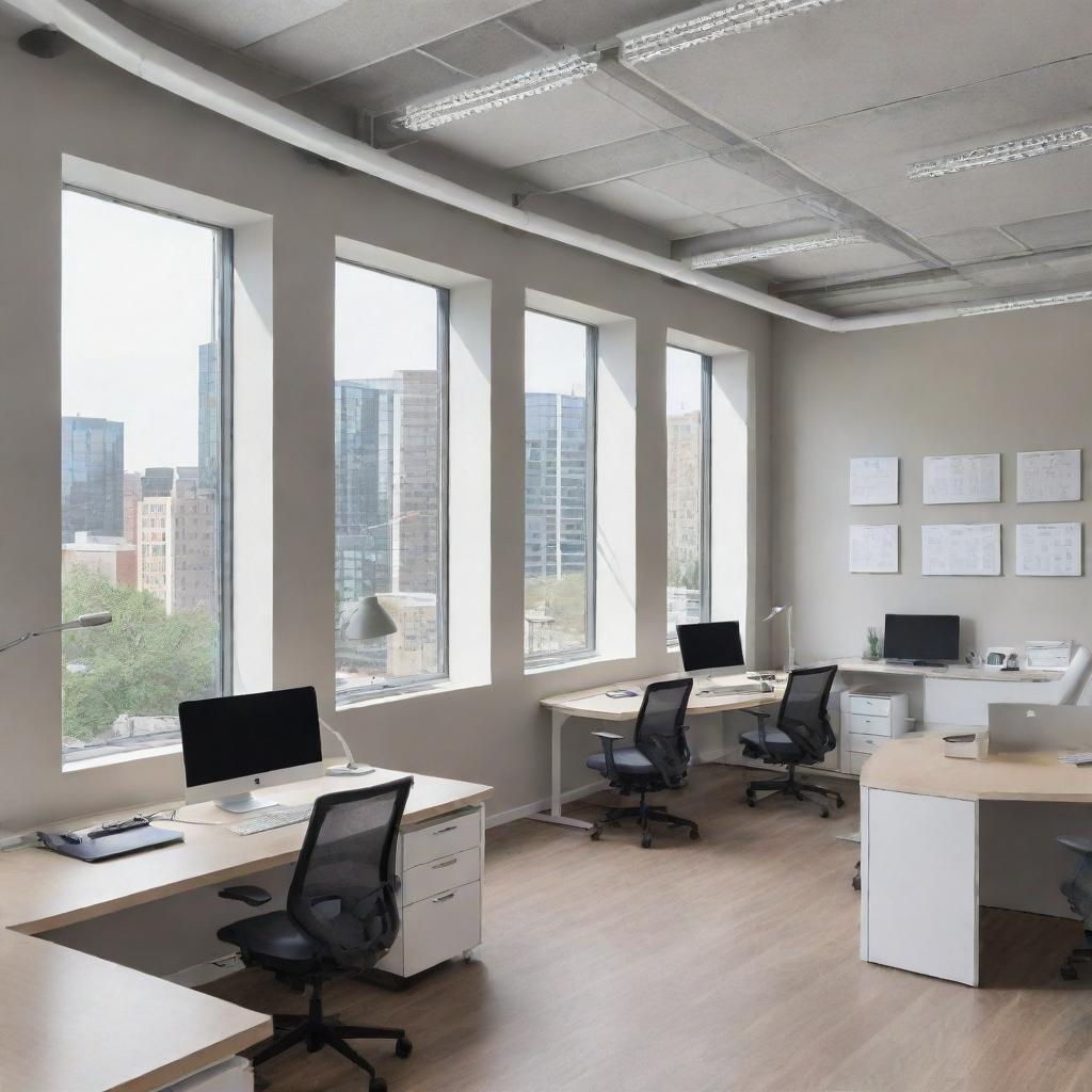 A professional and modern office environment filled with sleek, ergonomic furniture, computers with multiple monitors, walls adorned with motivational quotes, and large windows allowing an abundance of natural light to fill the room.