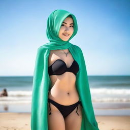 An Asian woman wearing a stylish hijab and a bikini, striking a confident and alluring pose on the beach