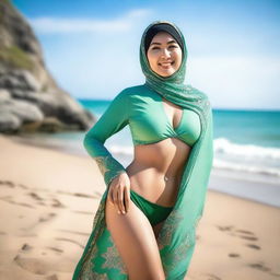 An Asian woman wearing a stylish hijab and a bikini, striking a confident and alluring pose on the beach