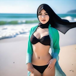 An Asian woman wearing a stylish hijab and a bikini, striking a confident and alluring pose on the beach