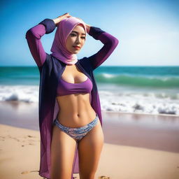 An Asian woman wearing a stylish hijab and a bikini, striking a confident and alluring pose on the beach