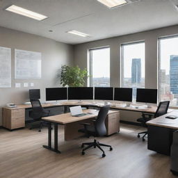 A professional and modern office environment filled with sleek, ergonomic furniture, computers with multiple monitors, walls adorned with motivational quotes, and large windows allowing an abundance of natural light to fill the room.