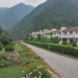 A peaceful street in Rishikesh Doctor's Colony with rows of semi-detached houses. Green lawns with flowering plants enrich the view and the backdrop of mountains completes the charming landscape.