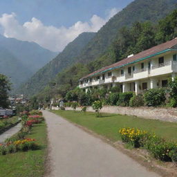 A peaceful street in Rishikesh Doctor's Colony with rows of semi-detached houses. Green lawns with flowering plants enrich the view and the backdrop of mountains completes the charming landscape.