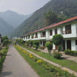 A peaceful street in Rishikesh Doctor's Colony with rows of semi-detached houses. Green lawns with flowering plants enrich the view and the backdrop of mountains completes the charming landscape.