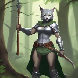 A muscular silver female druid Tabaxi with piercing green eyes, standing confidently while holding a quarterstaff