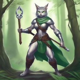 A muscular silver female druid Tabaxi with piercing green eyes, standing confidently while holding a quarterstaff