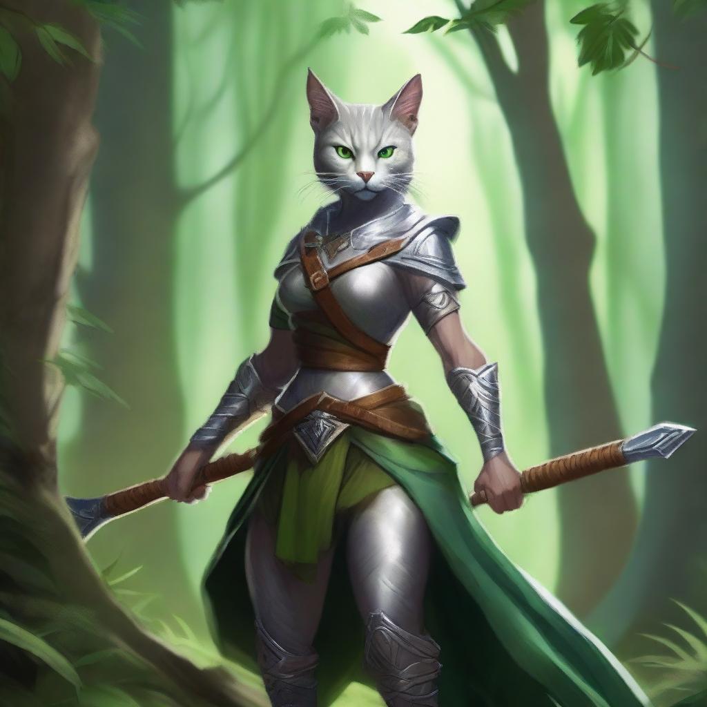 A muscular silver female druid Tabaxi with piercing green eyes, standing confidently while holding a quarterstaff