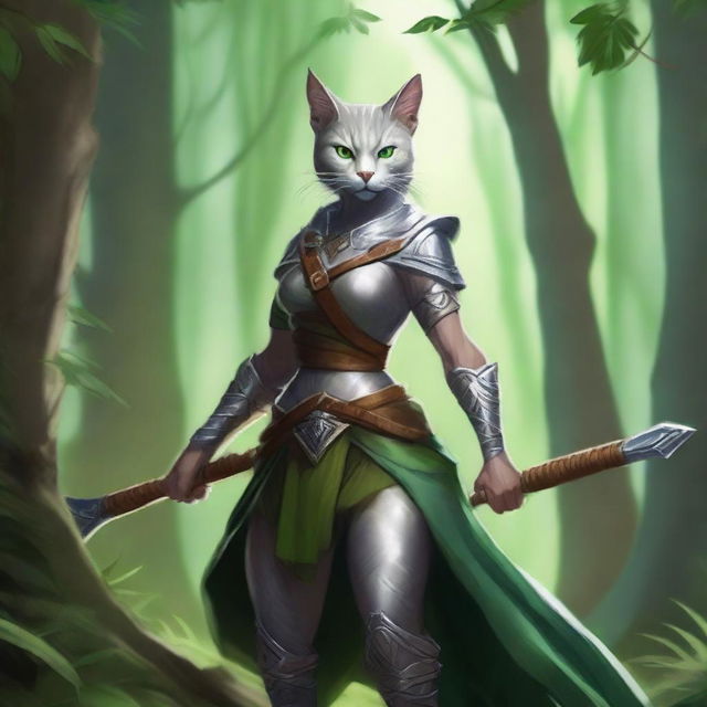 A muscular silver female druid Tabaxi with piercing green eyes, standing confidently while holding a quarterstaff