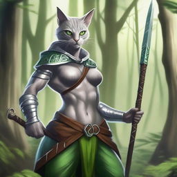 A muscular silver female druid Tabaxi with piercing green eyes, standing confidently while holding a quarterstaff