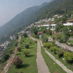 A peaceful street in Rishikesh Doctor's Colony with rows of semi-detached houses. Green lawns with flowering plants enrich the view and the backdrop of mountains completes the charming landscape.