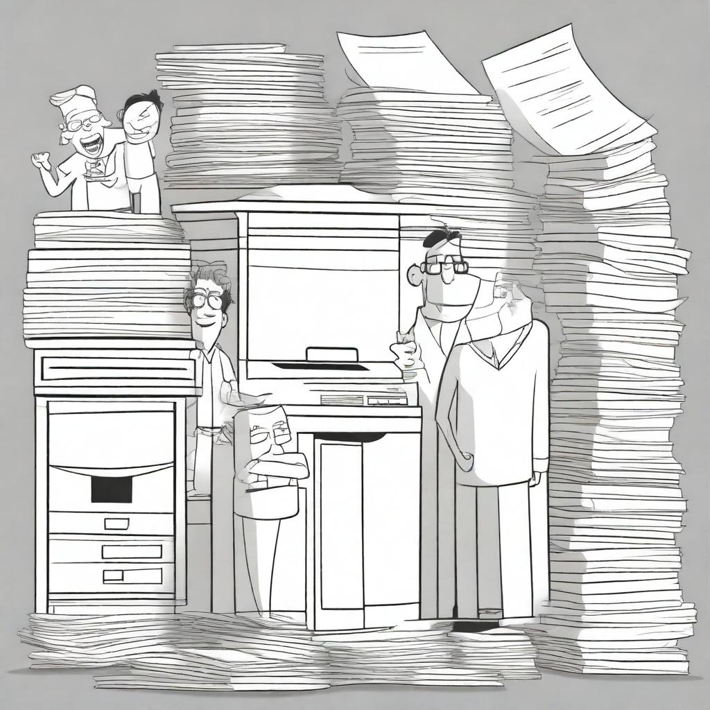 A stack of paper, a photocopy machine, and a line of people, all illustrated in a Pixar art style