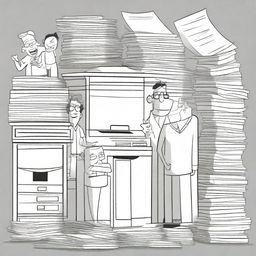 A stack of paper, a photocopy machine, and a line of people, all illustrated in a Pixar art style