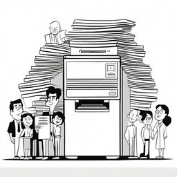 A stack of paper, a photocopy machine, and a line of people, all illustrated in a Pixar art style