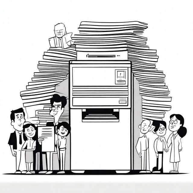 A stack of paper, a photocopy machine, and a line of people, all illustrated in a Pixar art style