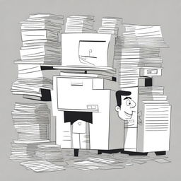 A stack of paper, a photocopy machine, and a line of people, all illustrated in a Pixar art style