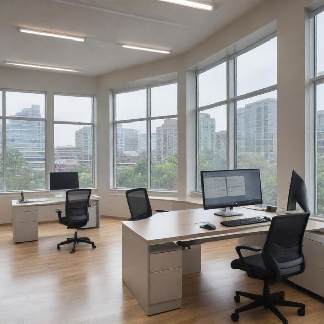 A professional, sleek office setup showcasing ergonomic furniture, state-of-the-art technology, like multi-monitor computers, commendations and certificates on the walls, and ample natural light flooding through large windows.