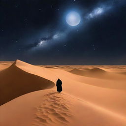 Crie uma capa com um mago caminhando no deserto ao luar