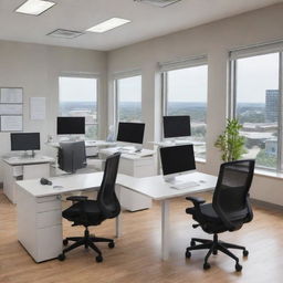 A professional, sleek office setup showcasing ergonomic furniture, state-of-the-art technology, like multi-monitor computers, commendations and certificates on the walls, and ample natural light flooding through large windows.