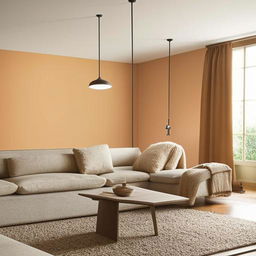 A modern living room with minimalist furniture, natural lighting, and subtle warm color tones.