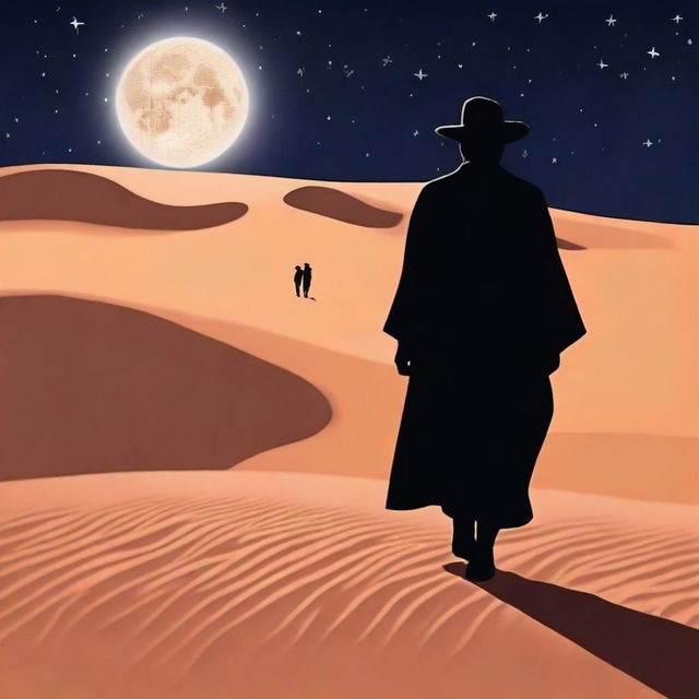 Crie uma capa com um mago caminhando no deserto ao luar