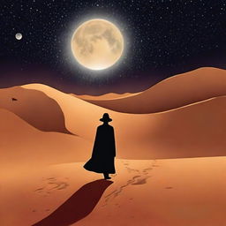 Crie uma capa com um mago caminhando no deserto ao luar