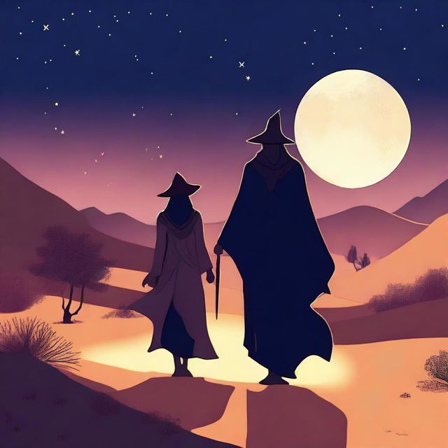 A poetic diversity scene featuring a wizard and a sorceress walking through a desert at night