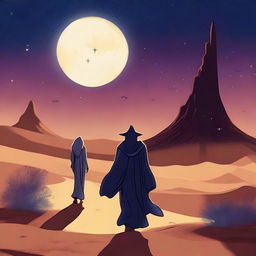 A poetic diversity scene featuring a wizard and a sorceress walking through a desert at night