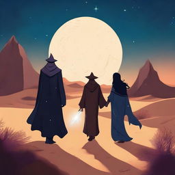 A poetic diversity scene featuring a wizard and a sorceress walking through a desert at night