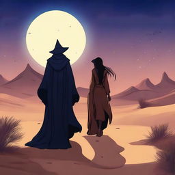 A poetic diversity scene featuring a wizard and a sorceress walking through a desert at night