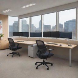 A professional, sleek office setup showcasing ergonomic furniture, state-of-the-art technology, like multi-monitor computers, commendations and certificates on the walls, and ample natural light flooding through large windows.