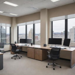 A professional, sleek office setup showcasing ergonomic furniture, state-of-the-art technology, like multi-monitor computers, commendations and certificates on the walls, and ample natural light flooding through large windows.