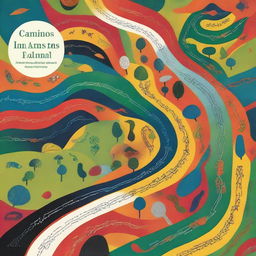 A book cover titled 'Caminhos das diversidades de uma Alma em Transição' featuring a winding path filled with different colors and textures, symbolizing various experiences and learnings